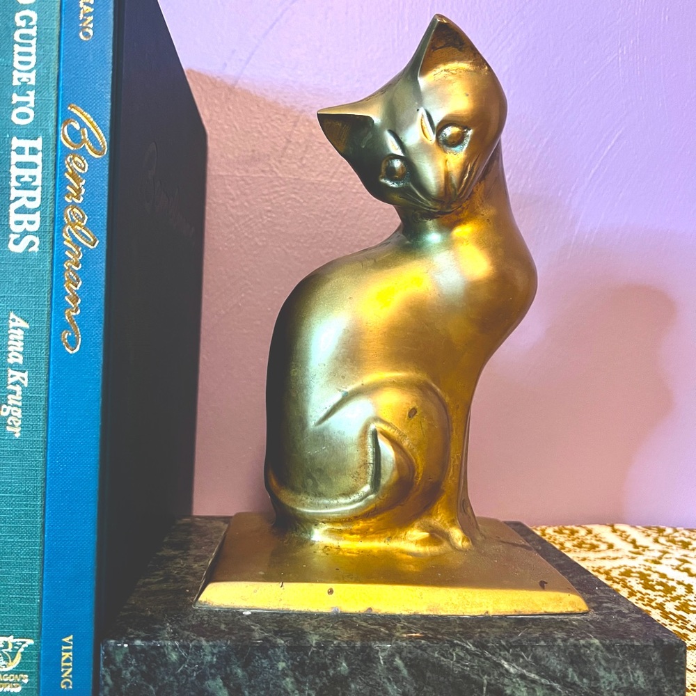 Large Brass Cat on Marble Stand